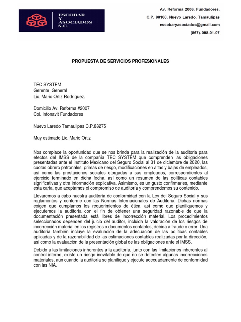2 Propuesta de Servicios Profesionales | PDF | Auditoría