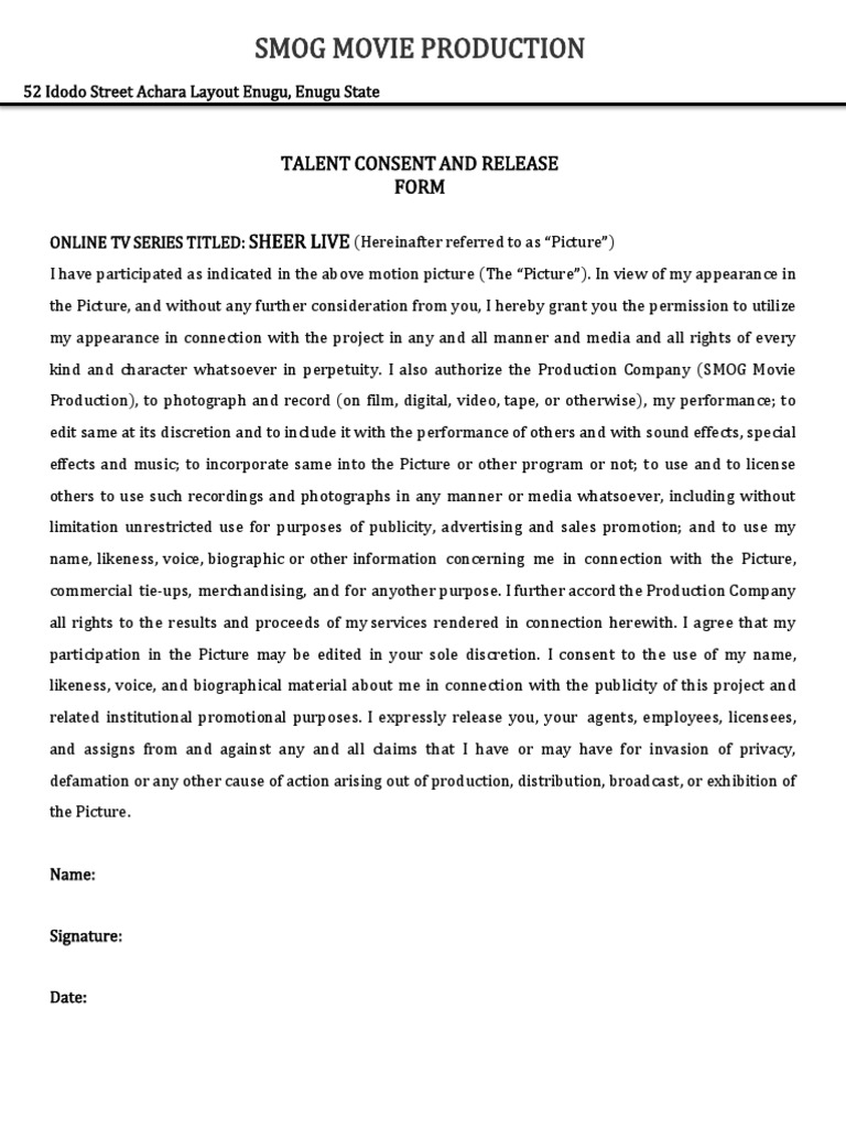 Extras Release Form SHEER LIVE PDF