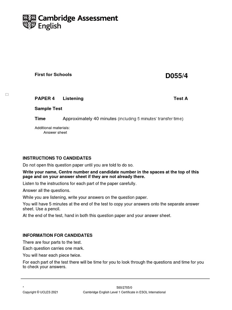 B2 First For Schools Sample Paper 1 Listening | PDF | Adolescence