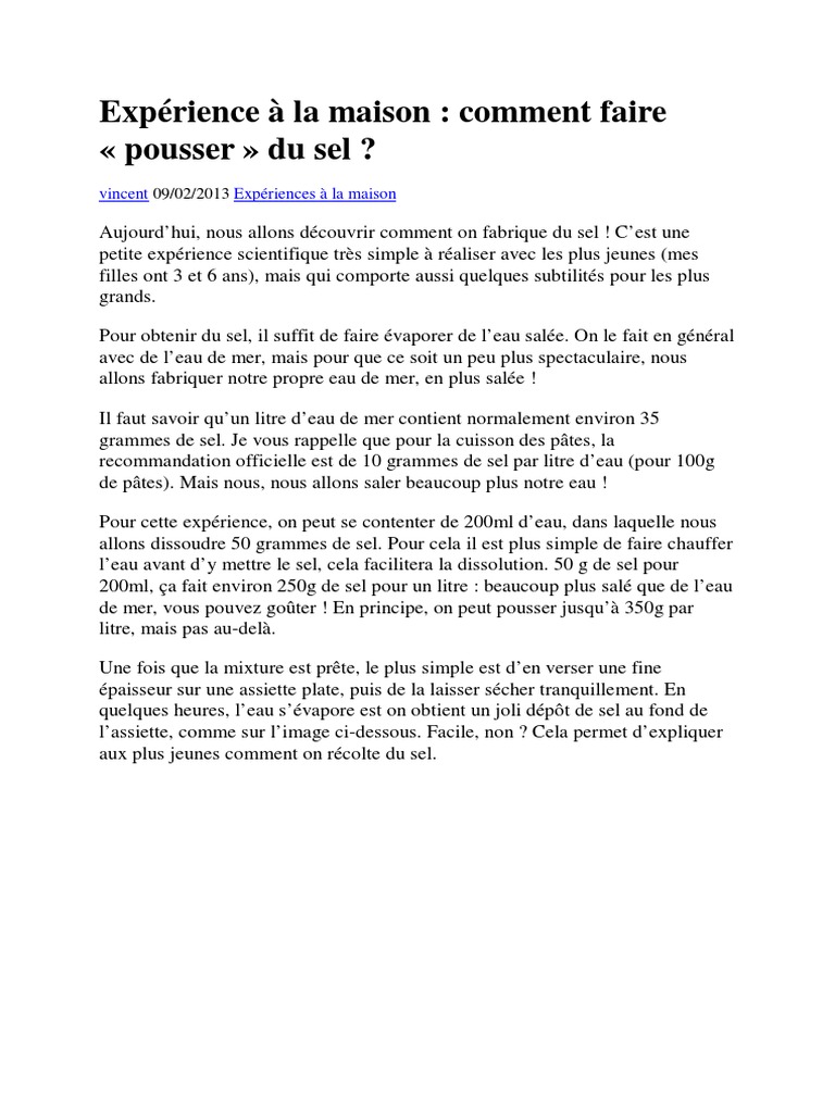 Fabriquer des cristaux de sel à la maison PDF Sel Eau de mer — free download
