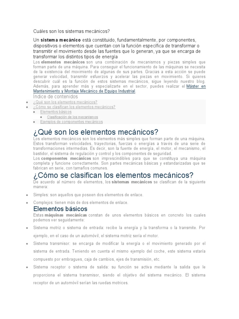 Sistemas Mecánicos Elementos Clasificación Y Ejemplos Pdf