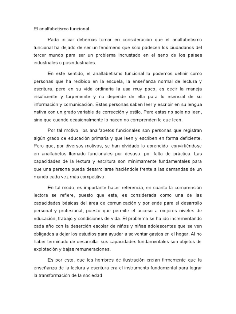El Analfabetismo Funcional 2 Pdf Literatura Cognición