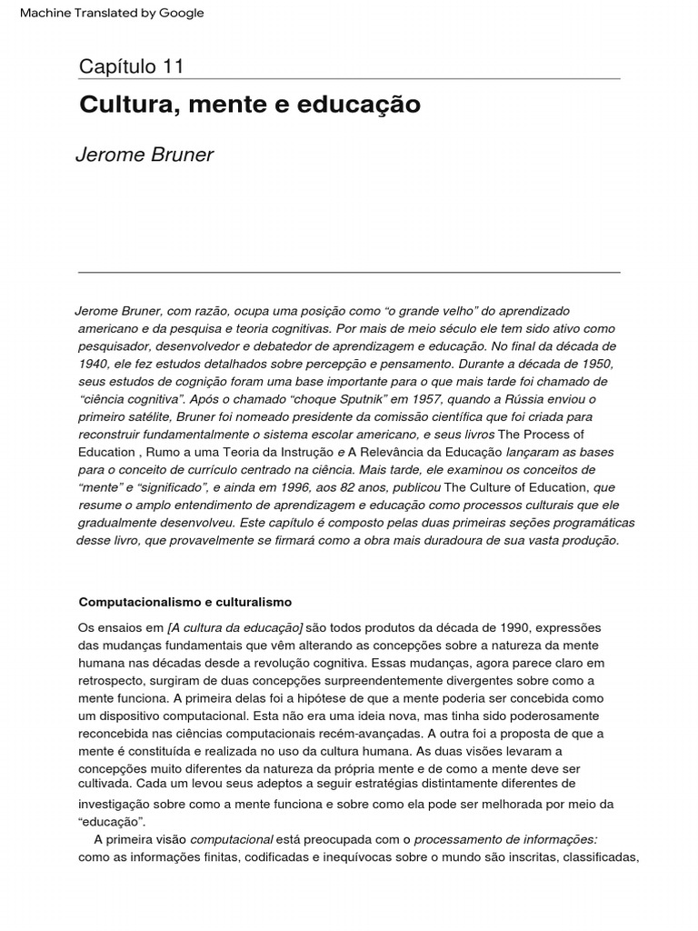 Cultura, Mente e Educação: Jerome Bruner | PDF | Mente | Humano