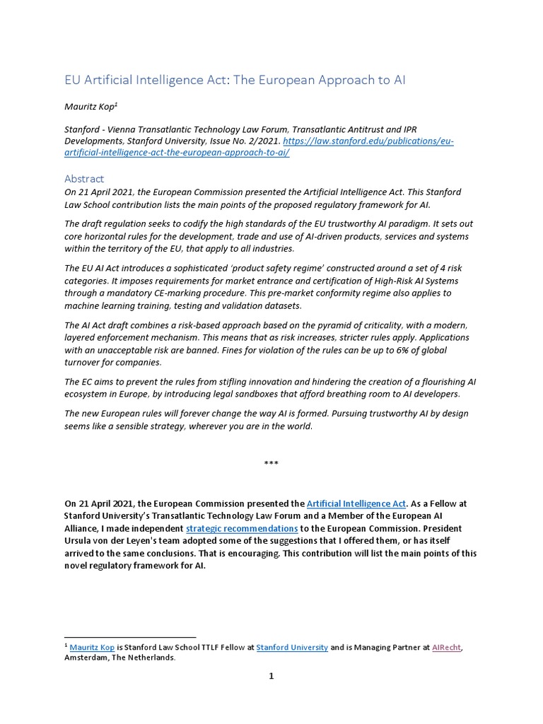 EU Artificial Intelligence Act The European Approach To AI | PDF ...