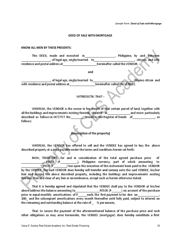 Deed of Sale With Mortgage | PDF | Mortgage Law | Foreclosure