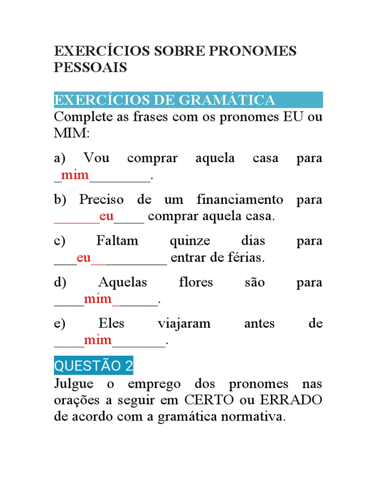 Exercícios Sobre Pronomes Pessoais | PDF