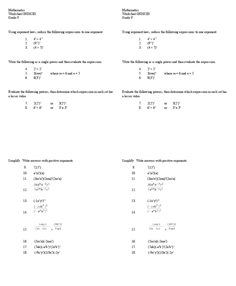 Worksheet INDICES PDF Mathematics