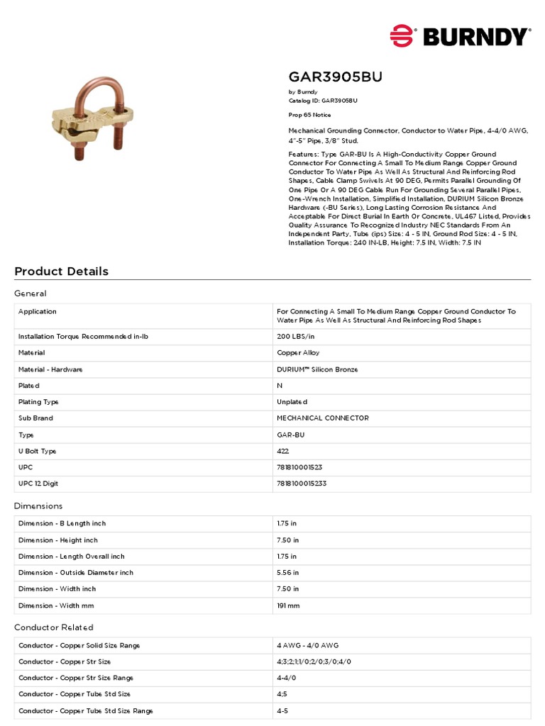 BURNDY GAR3905BU Specsheet PDF Pipe (Fluid Conveyance) Electrical
