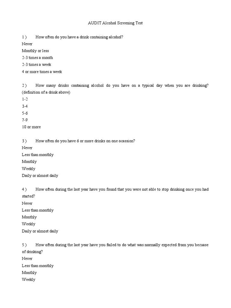 AUDIT - Alcohol Screening Test | PDF | Alcoholism | Mental Disorder