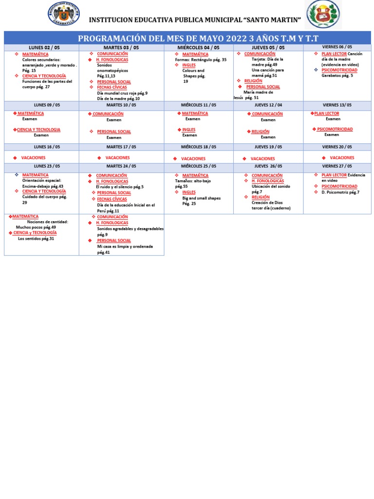 Programación Mensual Santo Martin Mes Mayo | PDF