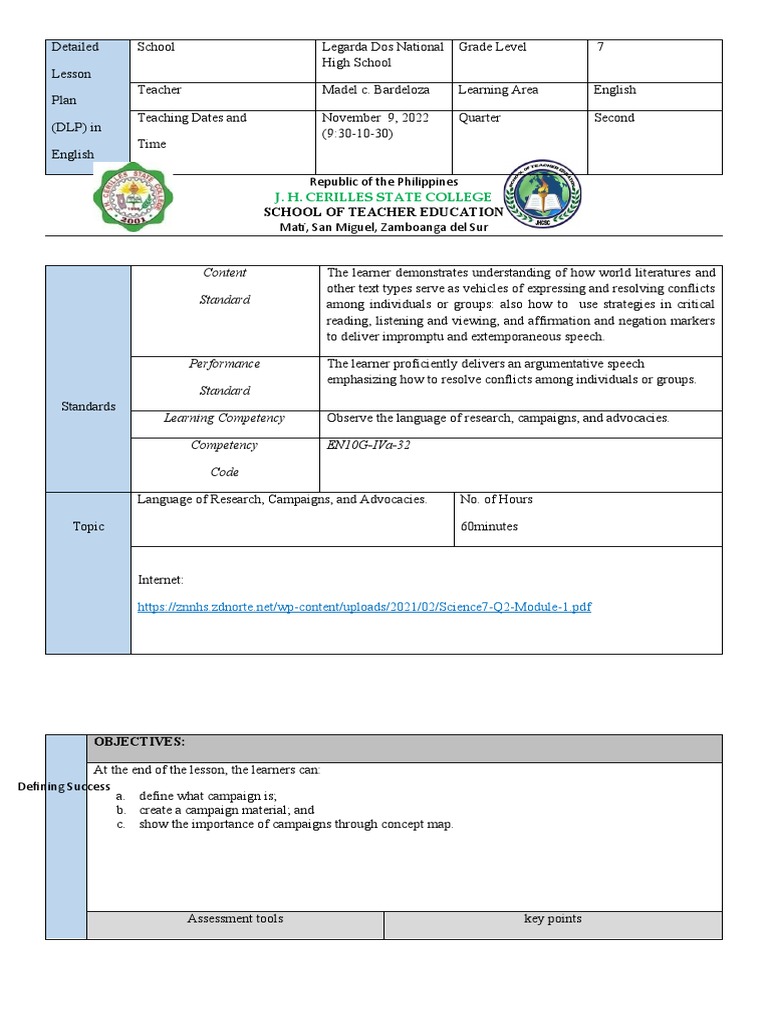 Grade 7 English Lesson Plan on Campaigns | PDF | Optics ...