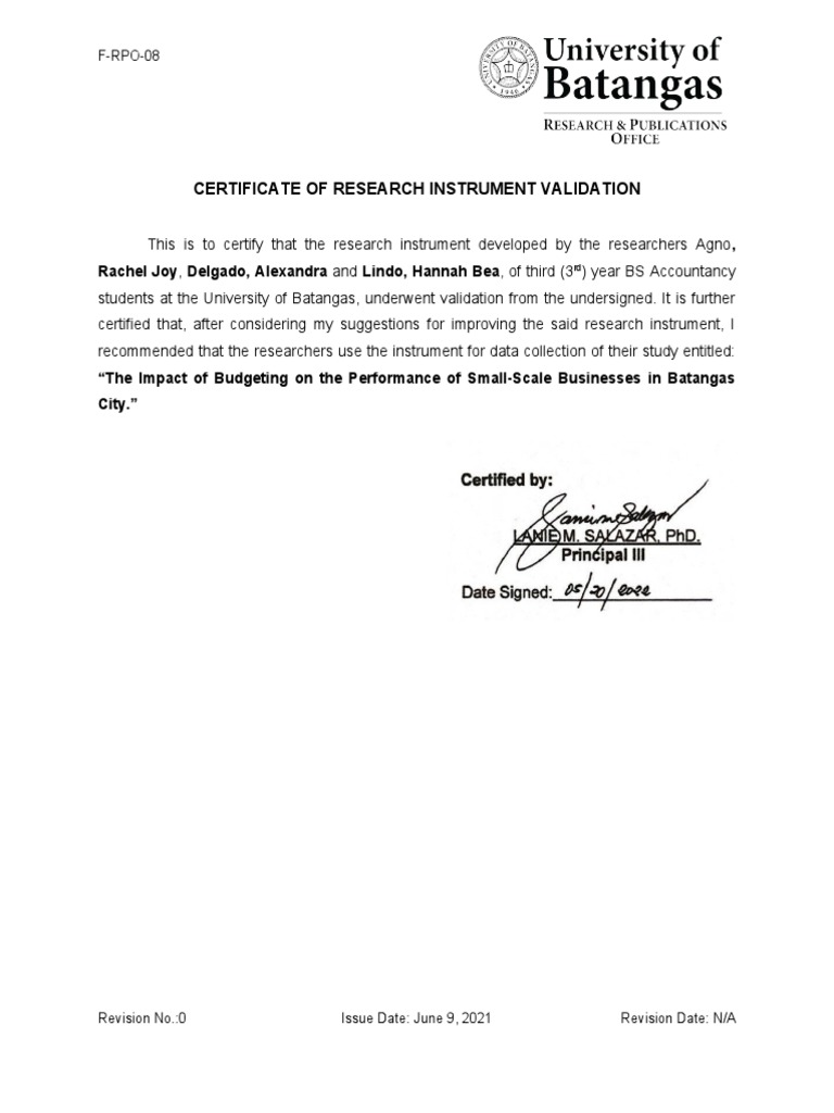 Certificate of research instrument validation pdf