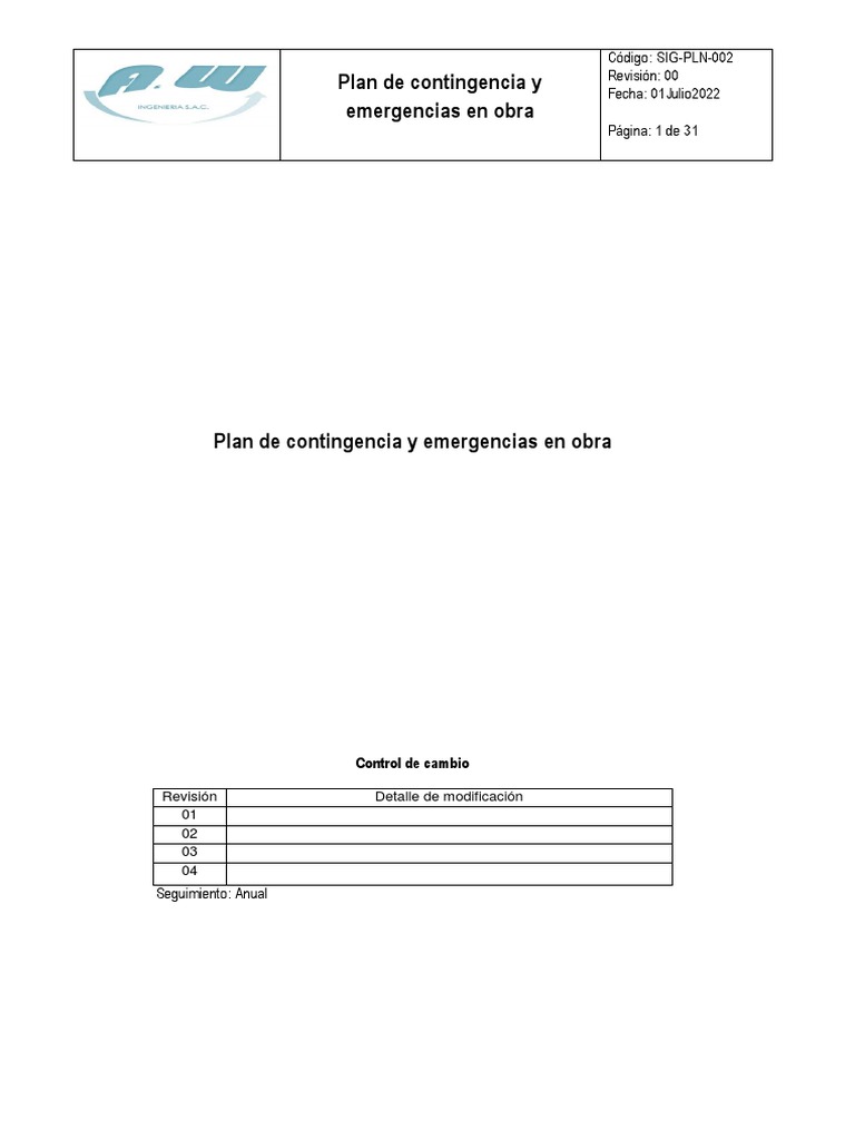 Plan de Contingencia y Emergencias Obra - SST rv00 | PDF | Primeros ...
