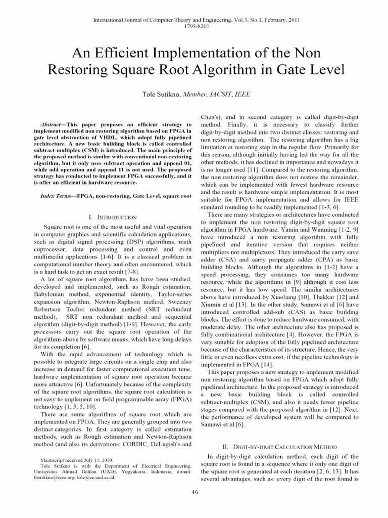 An Efficient Implementation of The Non Restoring Square Root Algorithm ...