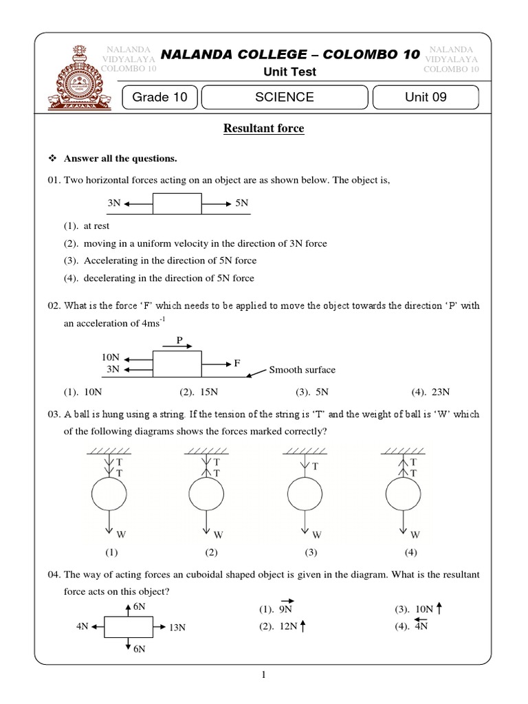 Grade 10 Unit Test on Forces | PDF | Force | Acceleration