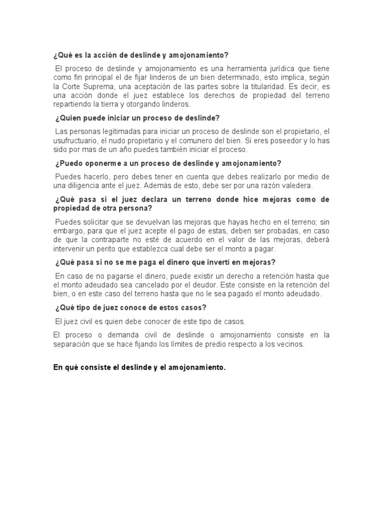 Caracteristicas Del Proceso de Deslinde y Amojonamiento PDF Posesión (Ley) Propiedad