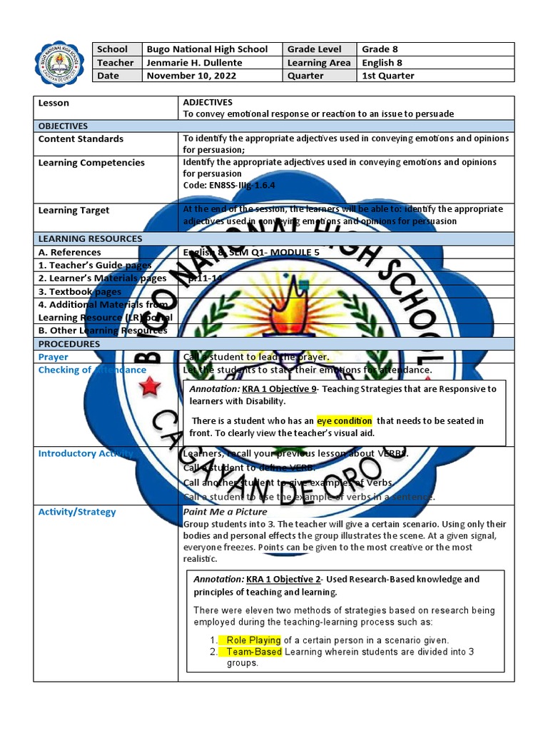 Adjectives Lesson Plan for Grade 8 | PDF | Learning | Adjective