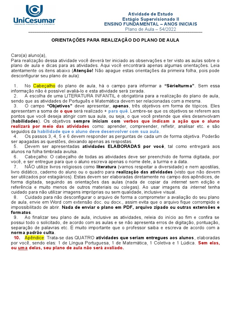 Plano de Aula para Estágio II Fundamental | PDF | Lição | Pedagogia