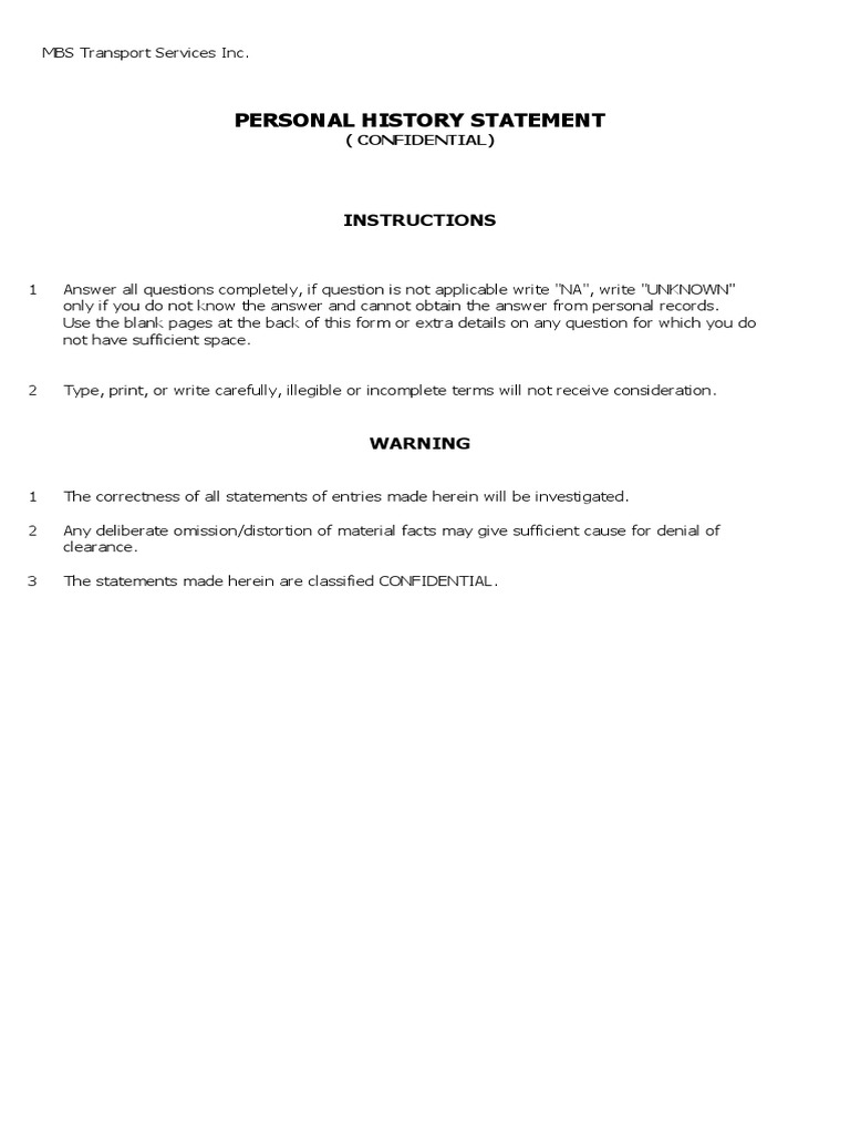 Personal History Statement Employee Profile PDF Insurance