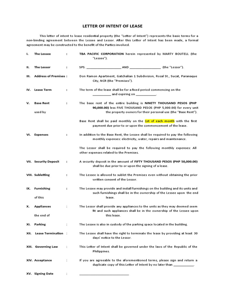 Lease Letter of Intent (Don Ramon) | PDF | Lease | Law And Economics