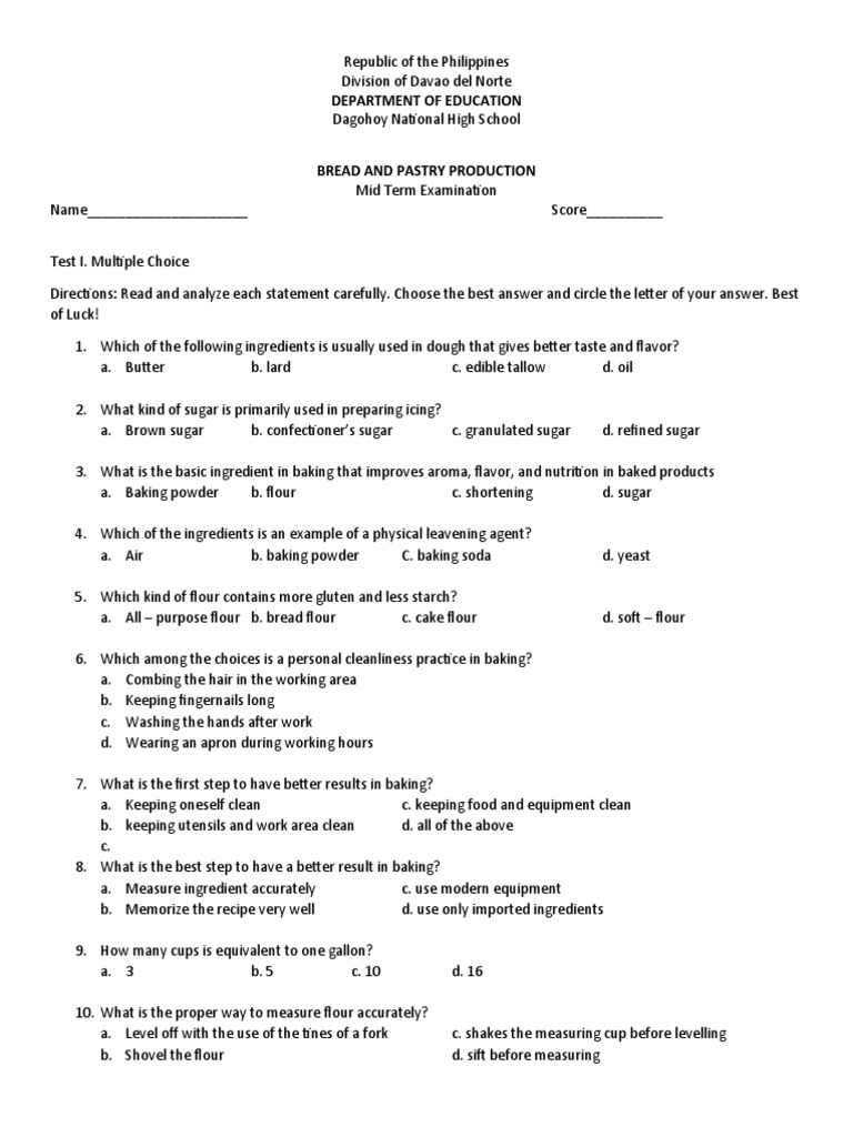 Bread and Pastry Products Midterm Exam PDF Flour Baking