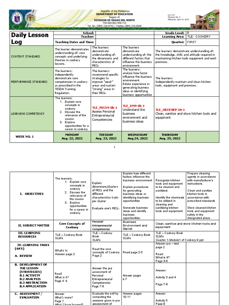 Cookery 9 Daily Lesson Log: Week 1 | PDF | Learning | Reading Comprehension