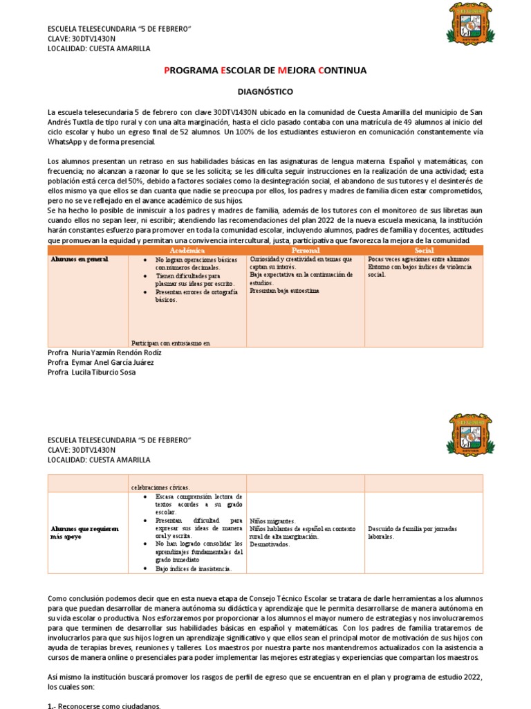 Programa Escolar de Mejora Continua Nuevo | PDF | Maestros | Método de ...