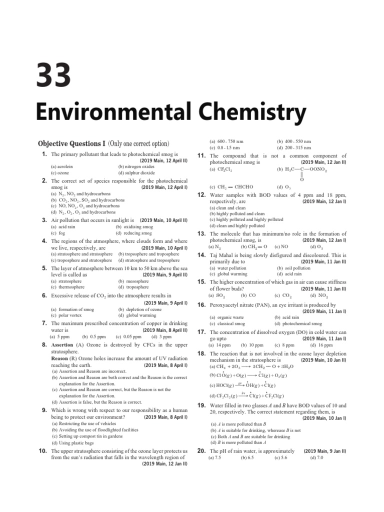 Environmental chemistry objectives questions pdf smog ozone