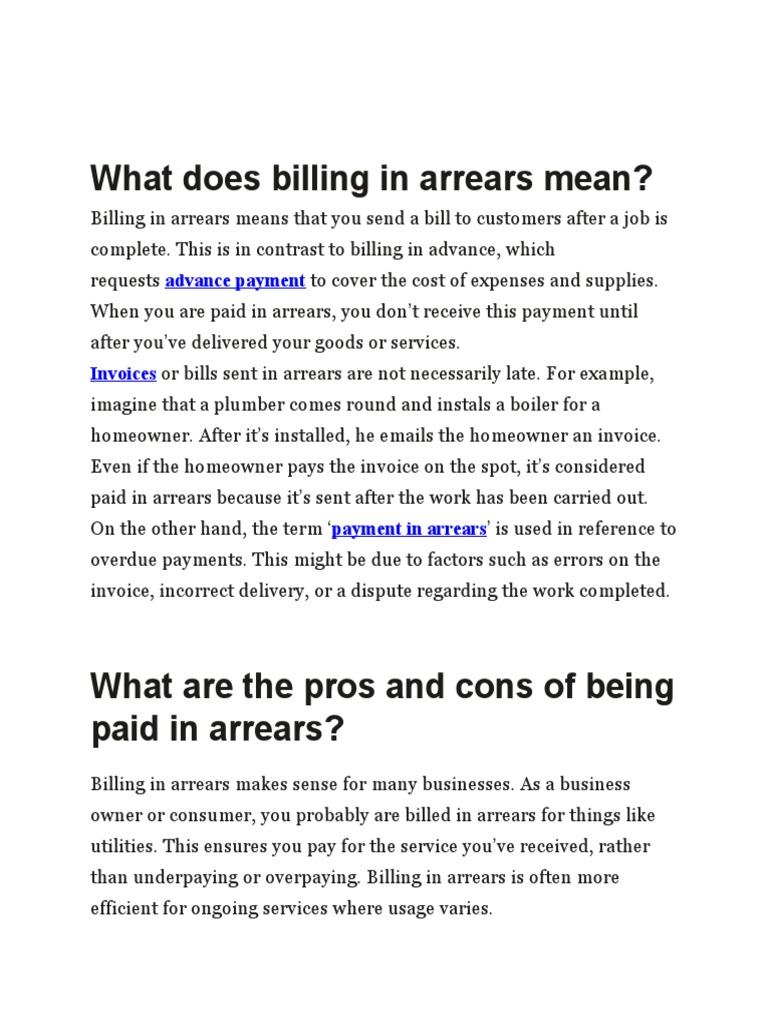 What Does Billing in Arrears Mean PDF Payments Invoice