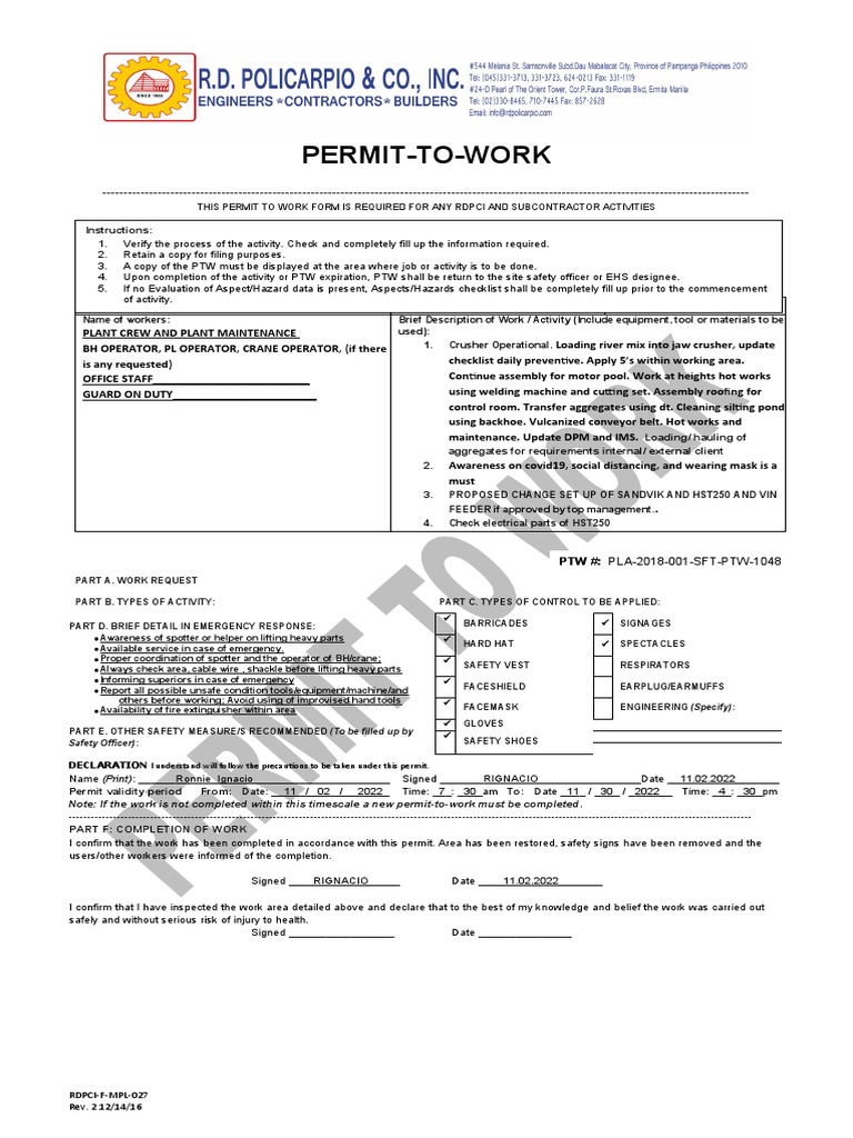 MPL 027 Permit To Work Form 11.02.2022 Umingan Crushing Plant PDF
