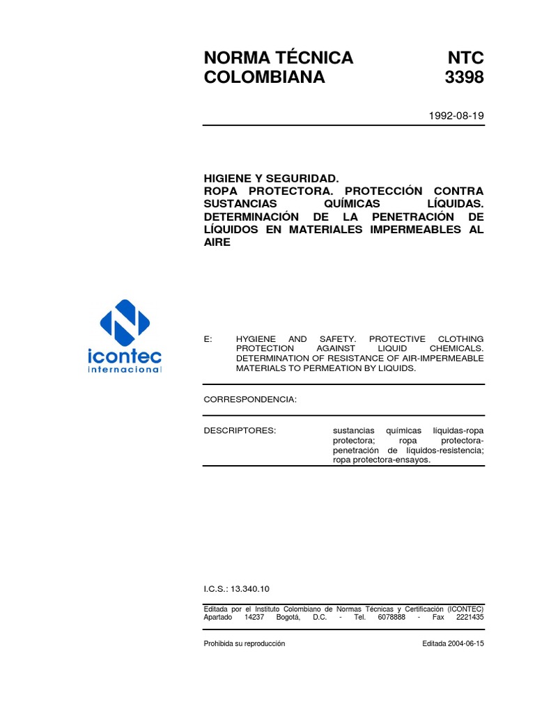 NTC 3398: Ropa Protectora Química | PDF | Líquidos | Colombia