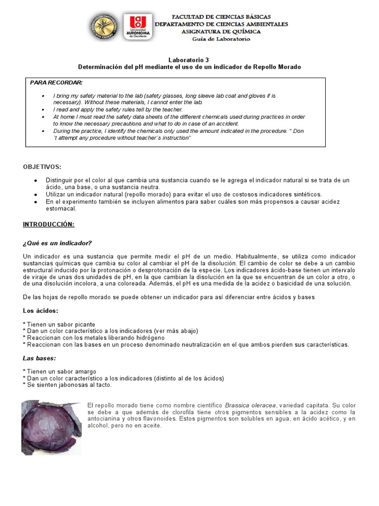 Práctica de Laboratorio PH Repollo UAO 2020-I | PDF | Ph | Ácido