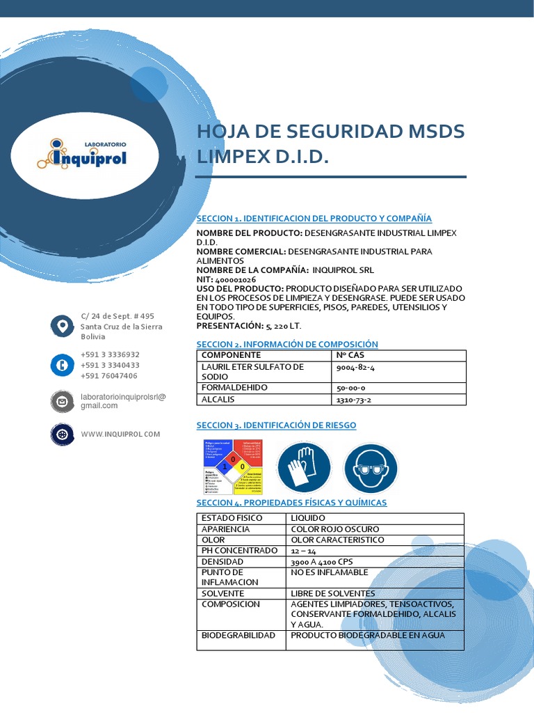 MSDS Desengrasante Limpex en Español | PDF