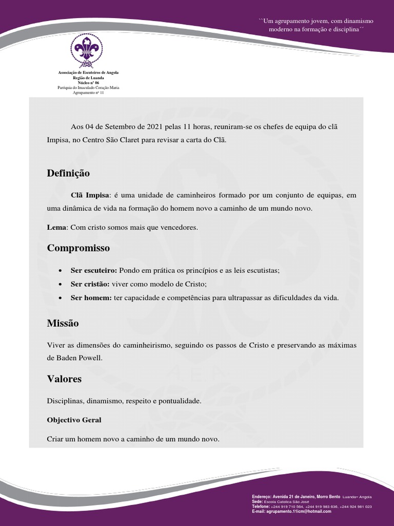 Clã Impisa: Regulamento e Objetivos | PDF | Angola | Igreja católica