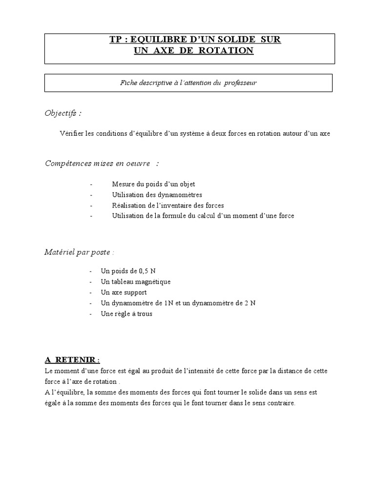 Équilibre d'un solide sur axe de rotation | PDF | Rotation | Poids