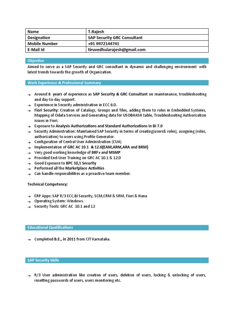 SAP Security & GRC Consultant Resume | PDF | Access Control | User ...
