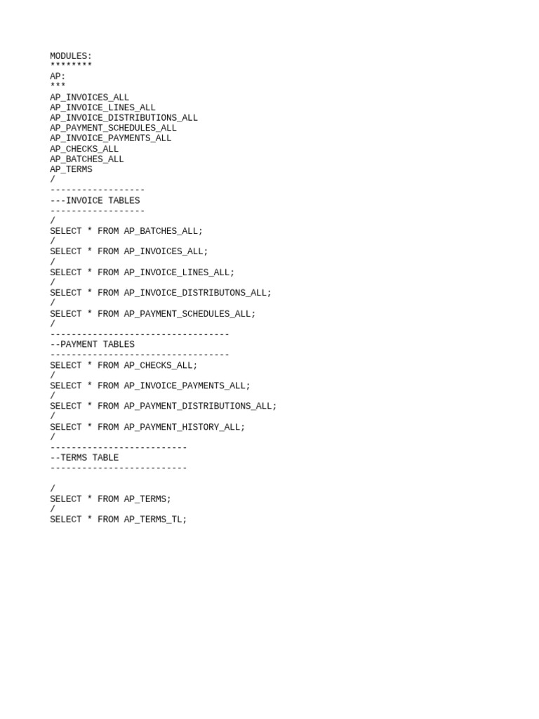 Oracle AP Module Table Overview | PDF