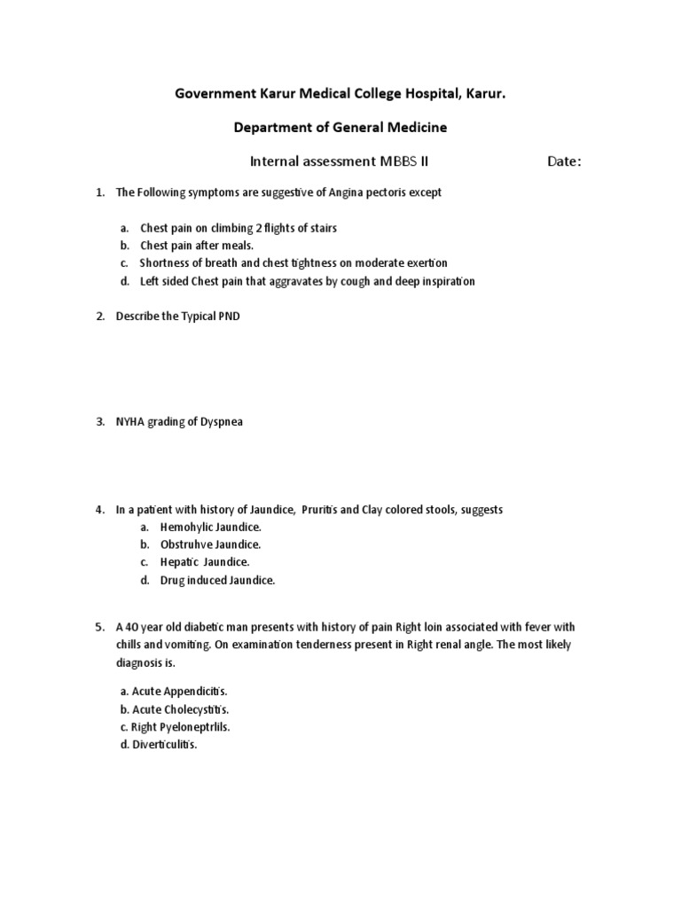MBBS II Internal Assessment: General Medicine | PDF