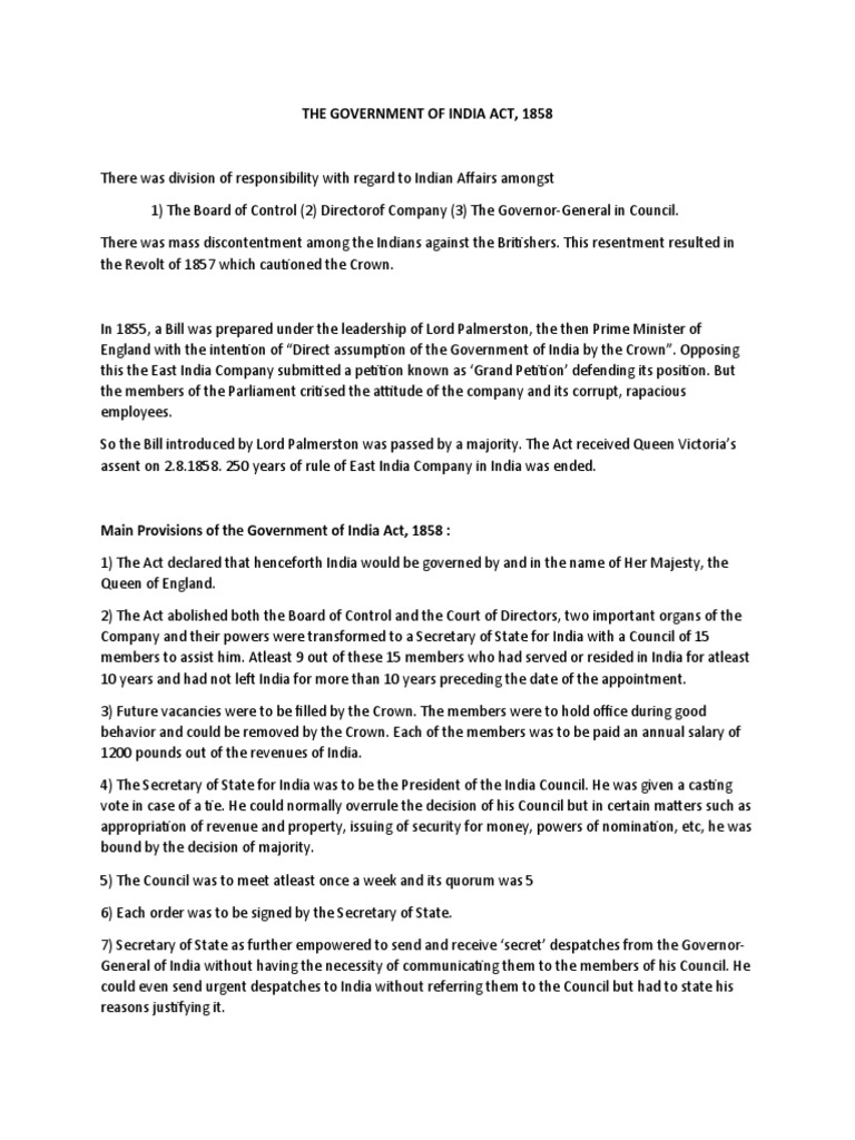 The Government of India Act, 1858 PDF Monarchy Of The United