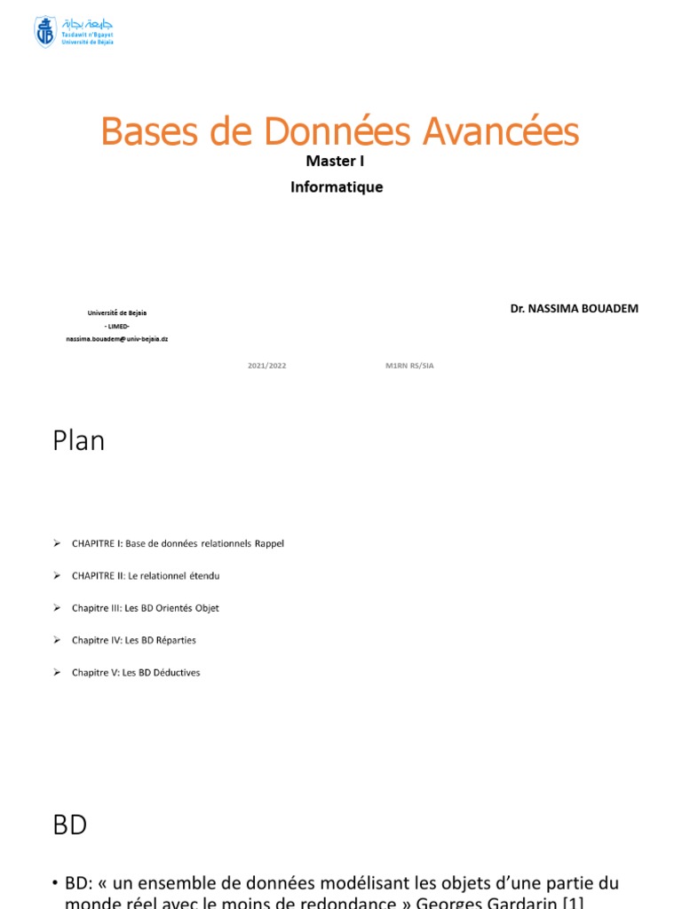 Cours de Bases de Données Avancées | PDF | Bases de données | Base de ...