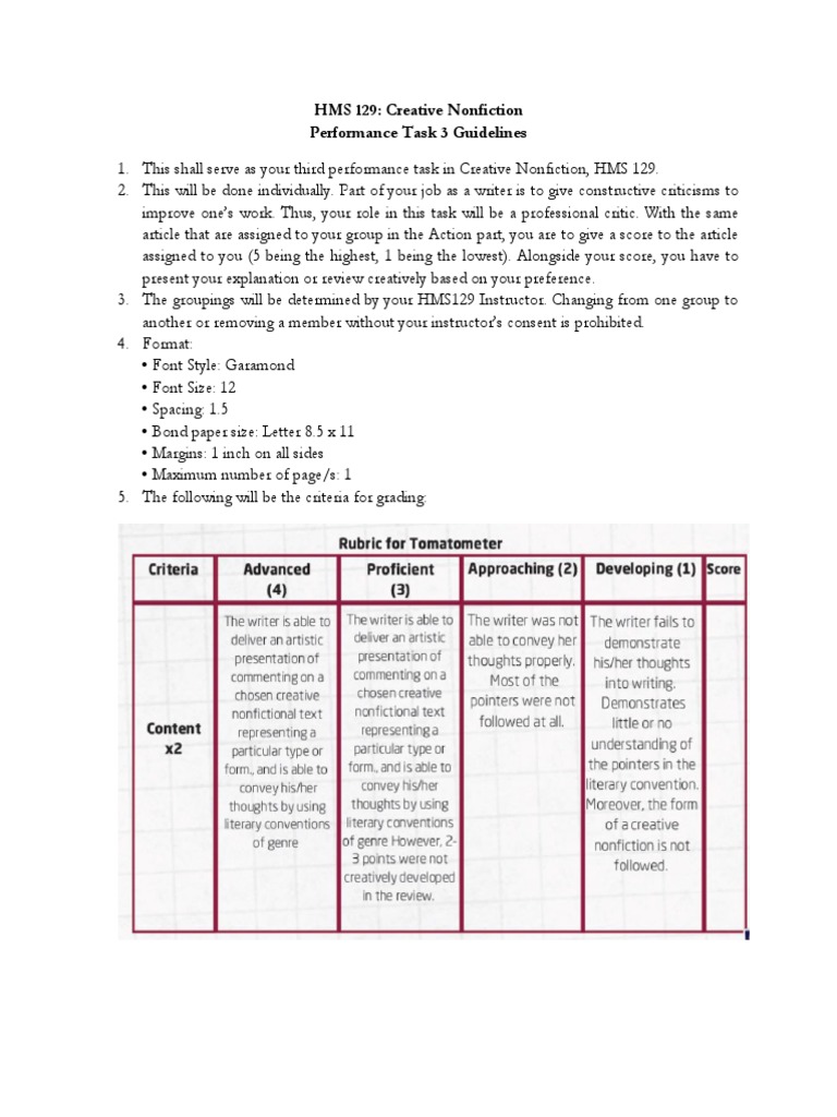 HMS 129 Creative Nonfiction Task Guidelines | PDF