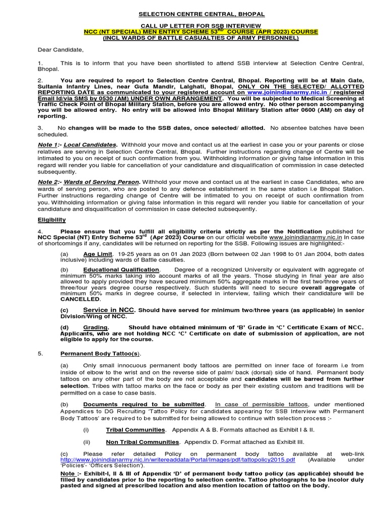 Call Up Letter SCC Bhopal For SSC NCC (Men) 53 Course Download Free