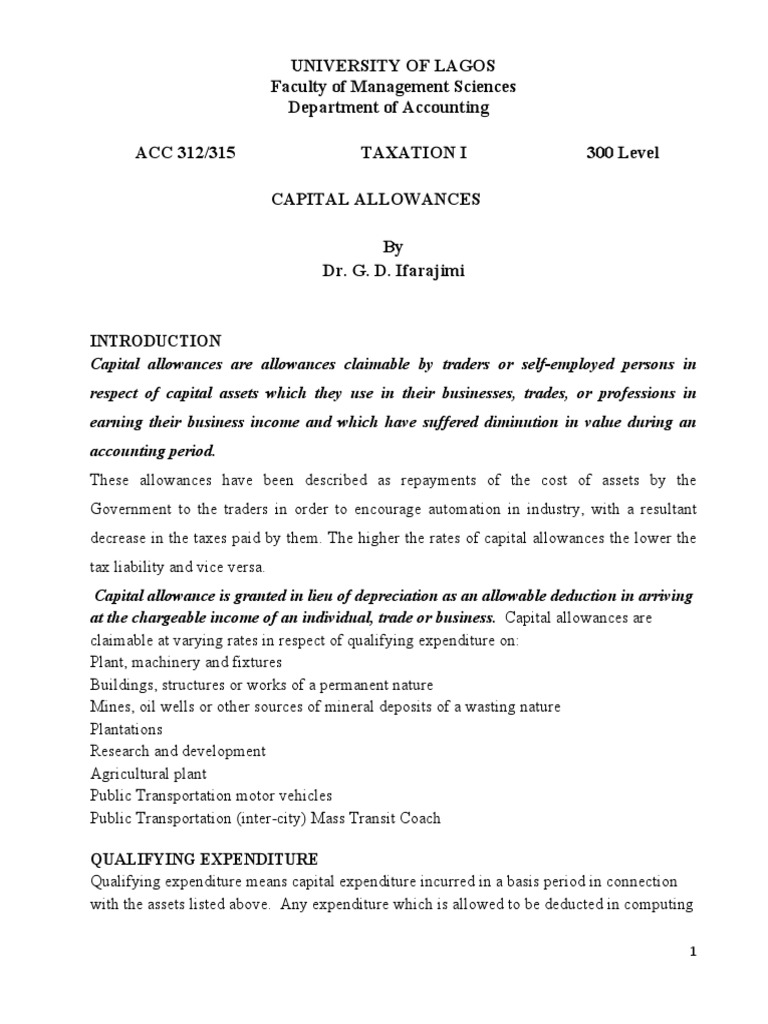 Capital Allowances PDF Expense Tax Deduction