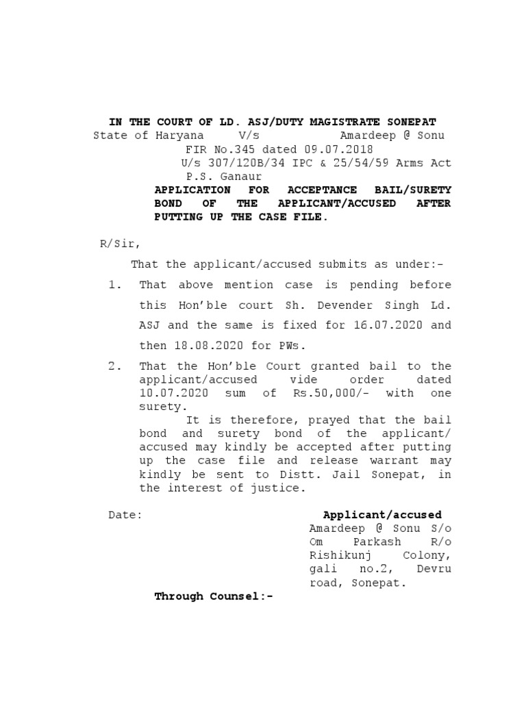 Bail Application for Amardeep @ Sonu | PDF | Bail | Public Law