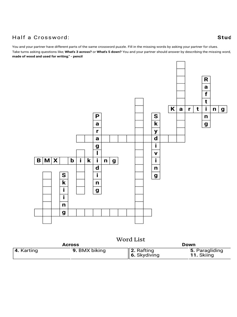 Half A Crossword Extreme Sports PDF Crossword Outdoor Recreation