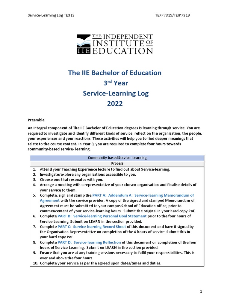 TE313 Service-Learning Log Guidelines | PDF | Service Learning | Teachers