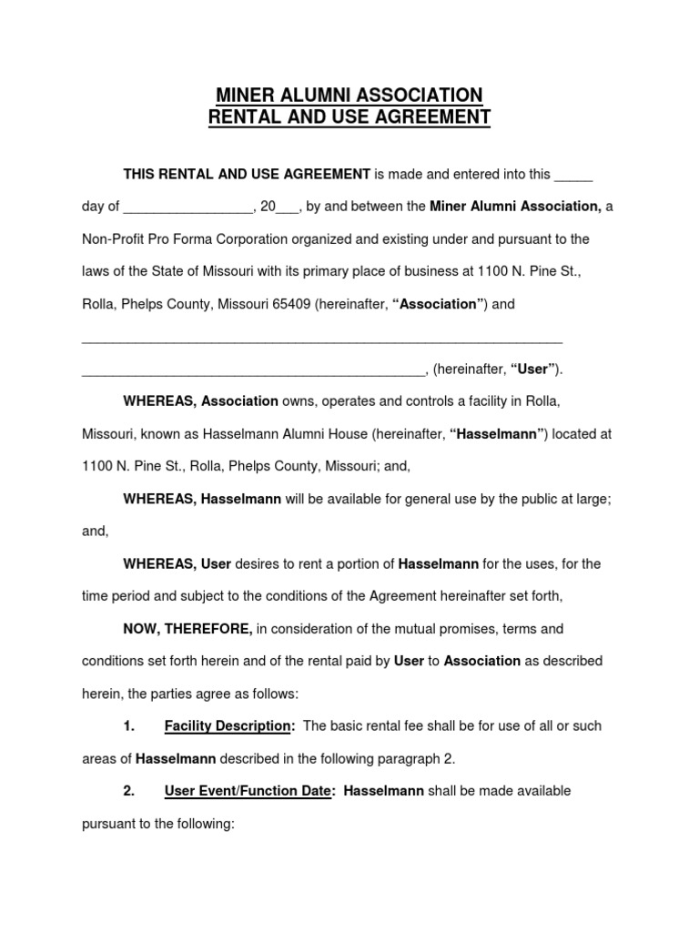 Miner Alumni Association Rental Agreement | PDF | Legal Liability | Fee