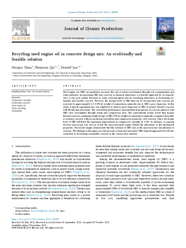 Recycling Used Engine Oil in Concrete Design Mix | PDF | Concrete | Cement