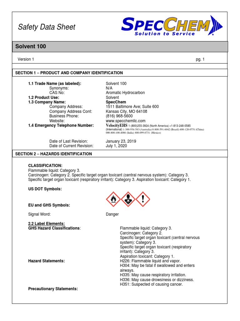Solvent 100 SDS 2109479 PDF Firefighting Personal Protective