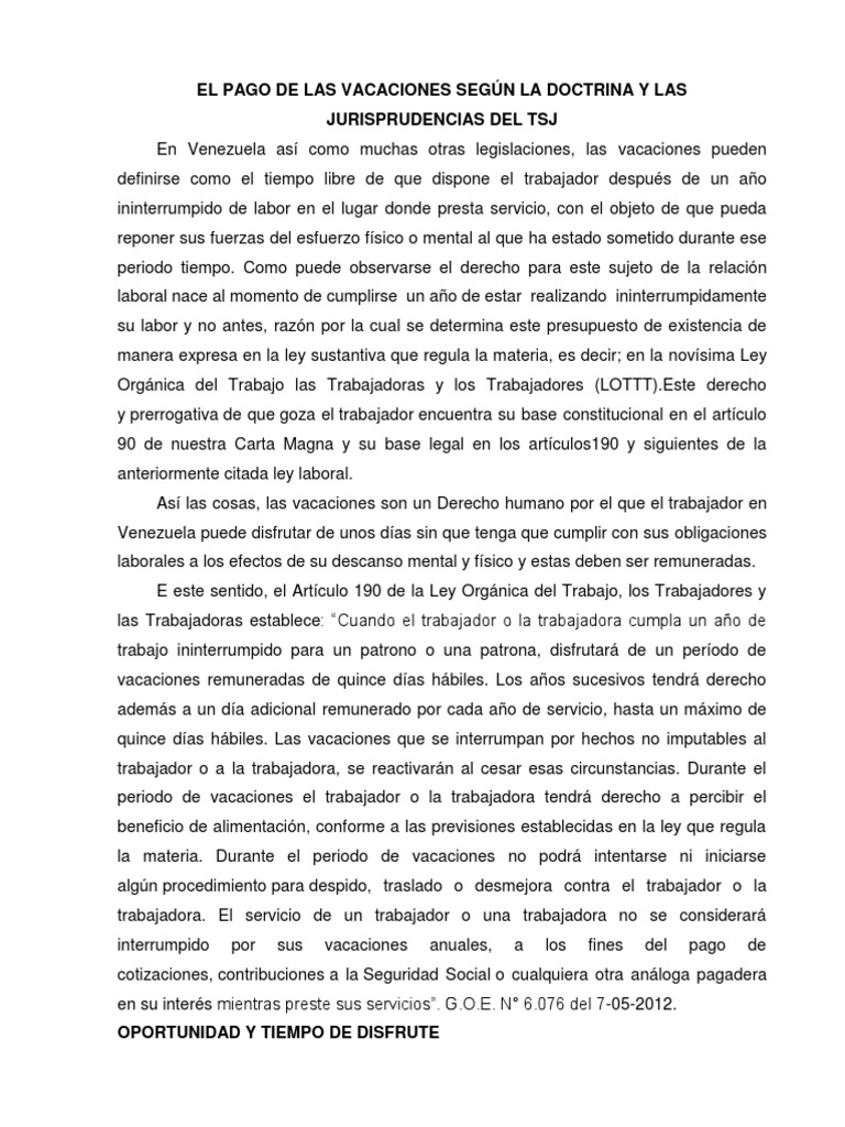 El Pago de Las Vacaciones Según La Doctrina y Las Jurisprudencias Del ...
